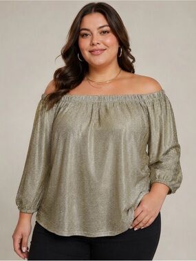 Daytrip Sheer Metallic Top Size XL Gold/Silver Off The Shoulder Lined Relaxed